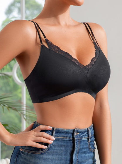 Sexy Lace Stitching Double Shoulder Strap V-neck Seamless Wireless Bra