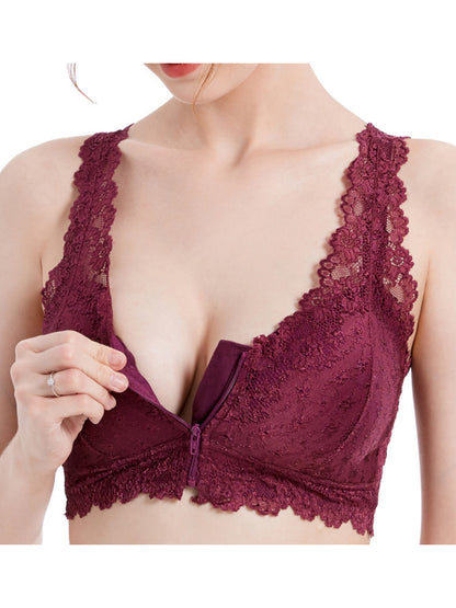 Women's Lace Front Closure Padded Everyday Short Bra，Plus Size VioletRed