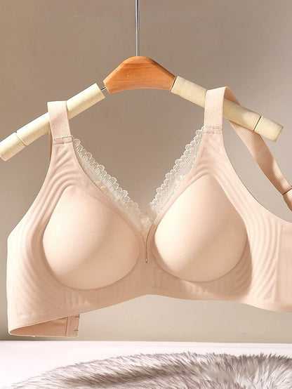 V-neck Lace Stitching Seamless Push-up Wireless Bra Beige