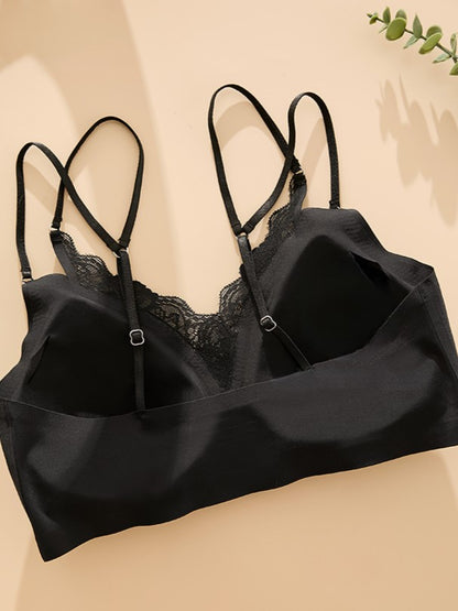 Sexy Lace Stitching Double Shoulder Strap V-neck Seamless Wireless Bra