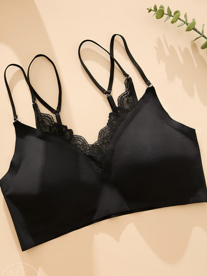 Sexy Lace Stitching Double Shoulder Strap V-neck Seamless Wireless Bra