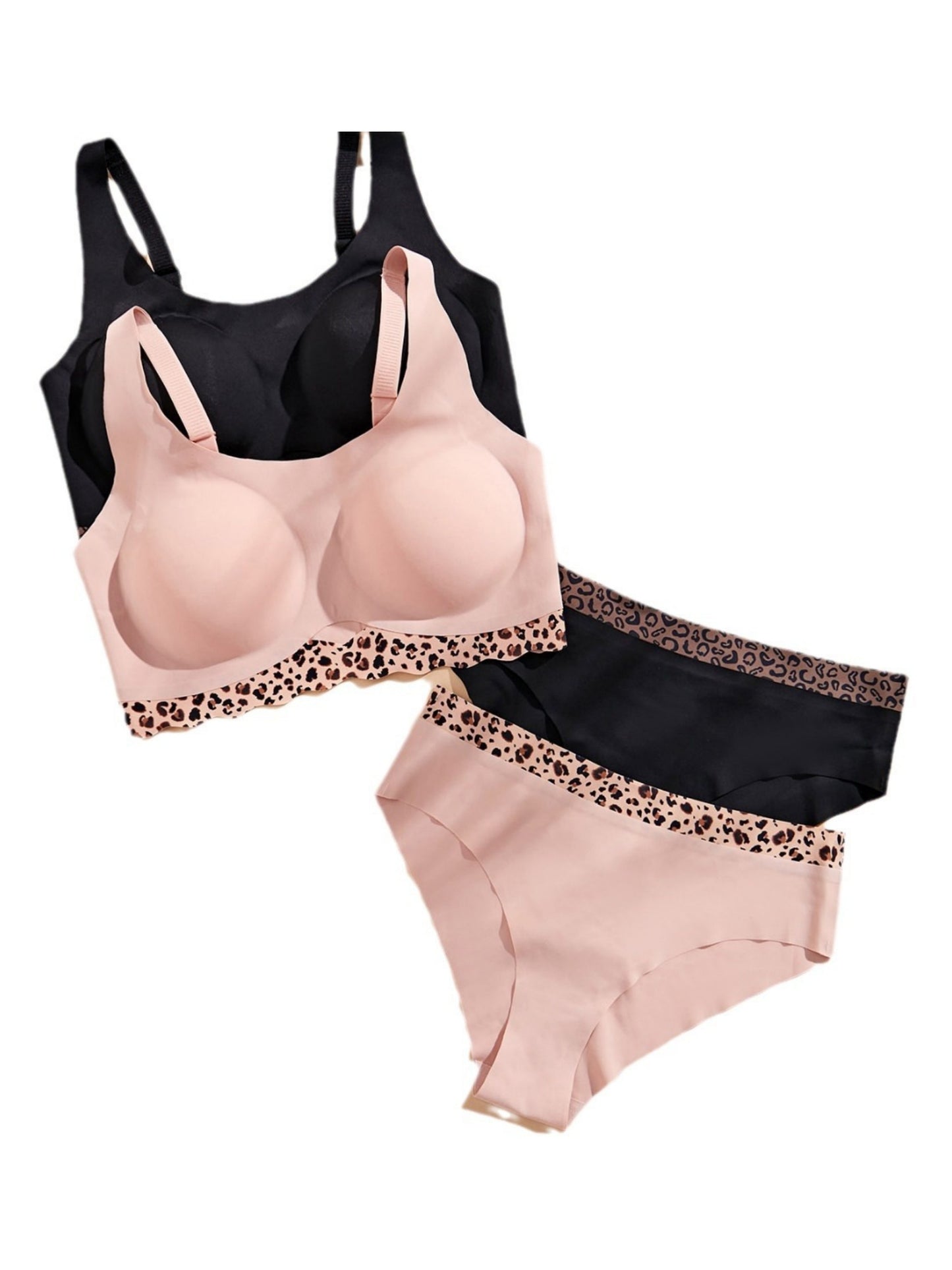 Hollow Leopard Push-Up Breathable Bra Set Pink