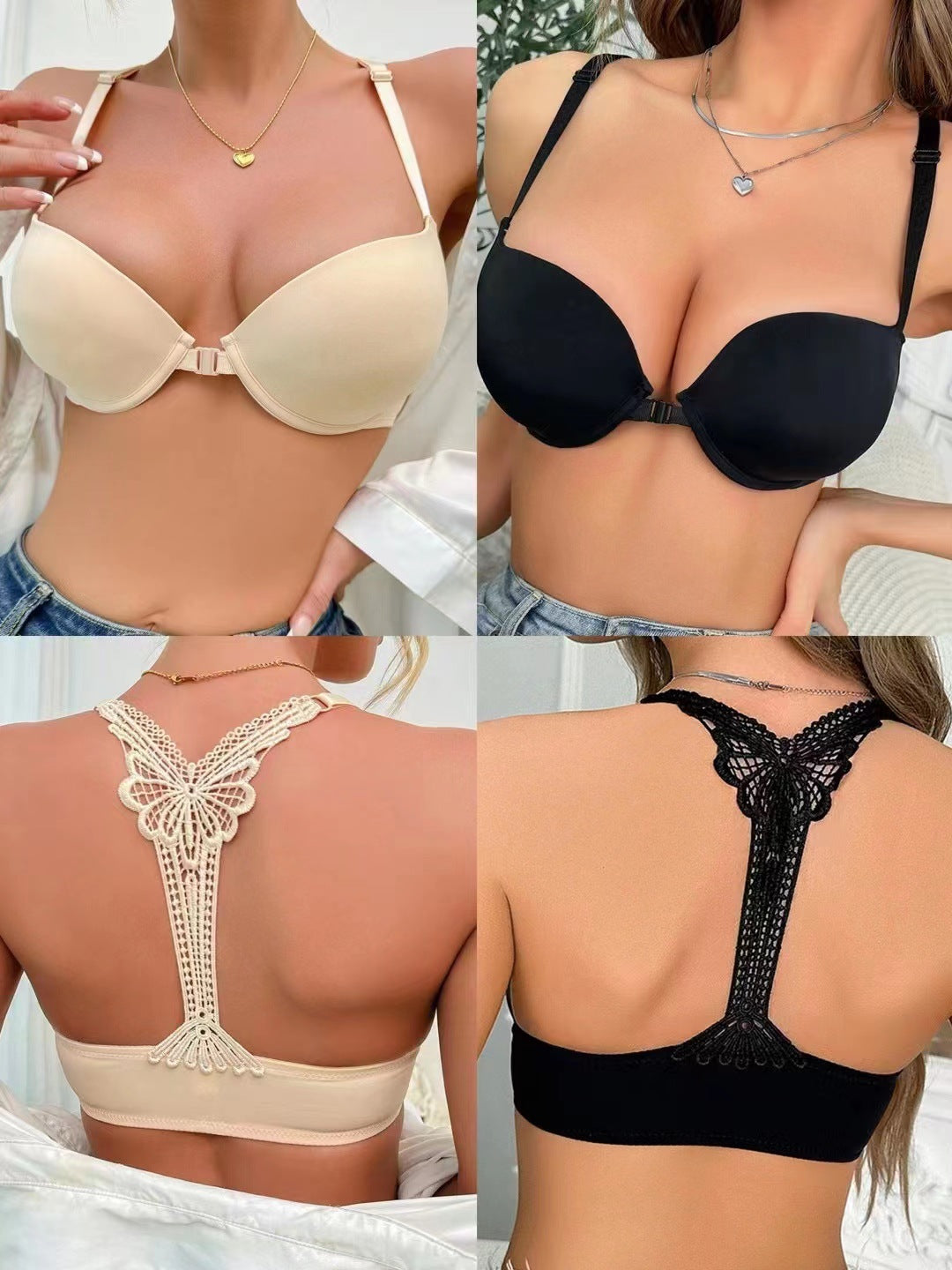 Fashionable & Simple Front Closure Halter Neck Push-up Comfortable Bra Ivory