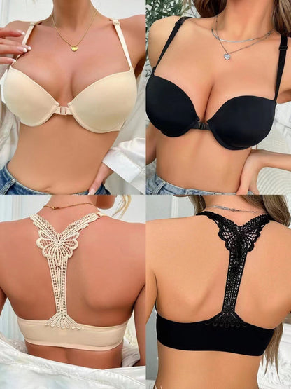 Fashionable & Simple Front Closure Halter Neck Push-up Comfortable Bra Ivory