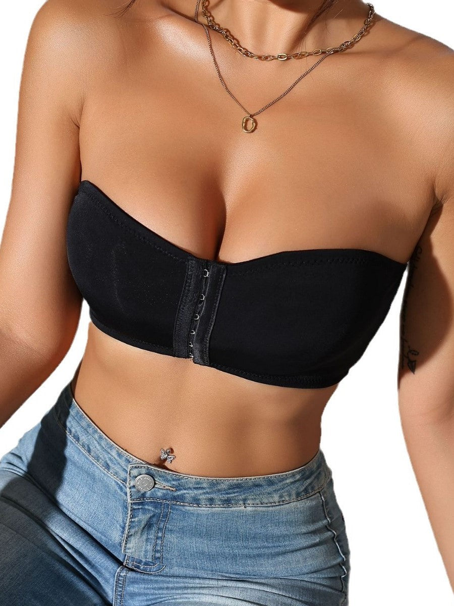 Women's Front Closure Tube Bralette Strapless No Padded Wireless Bandeau Bra Black