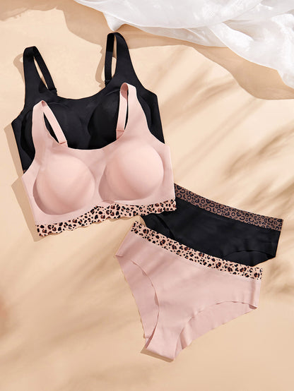 Hollow Leopard Push-Up Breathable Bra Set Pink