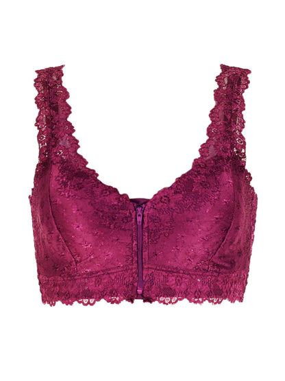 Women's Lace Front Closure Padded Everyday Short Bra，Plus Size VioletRed