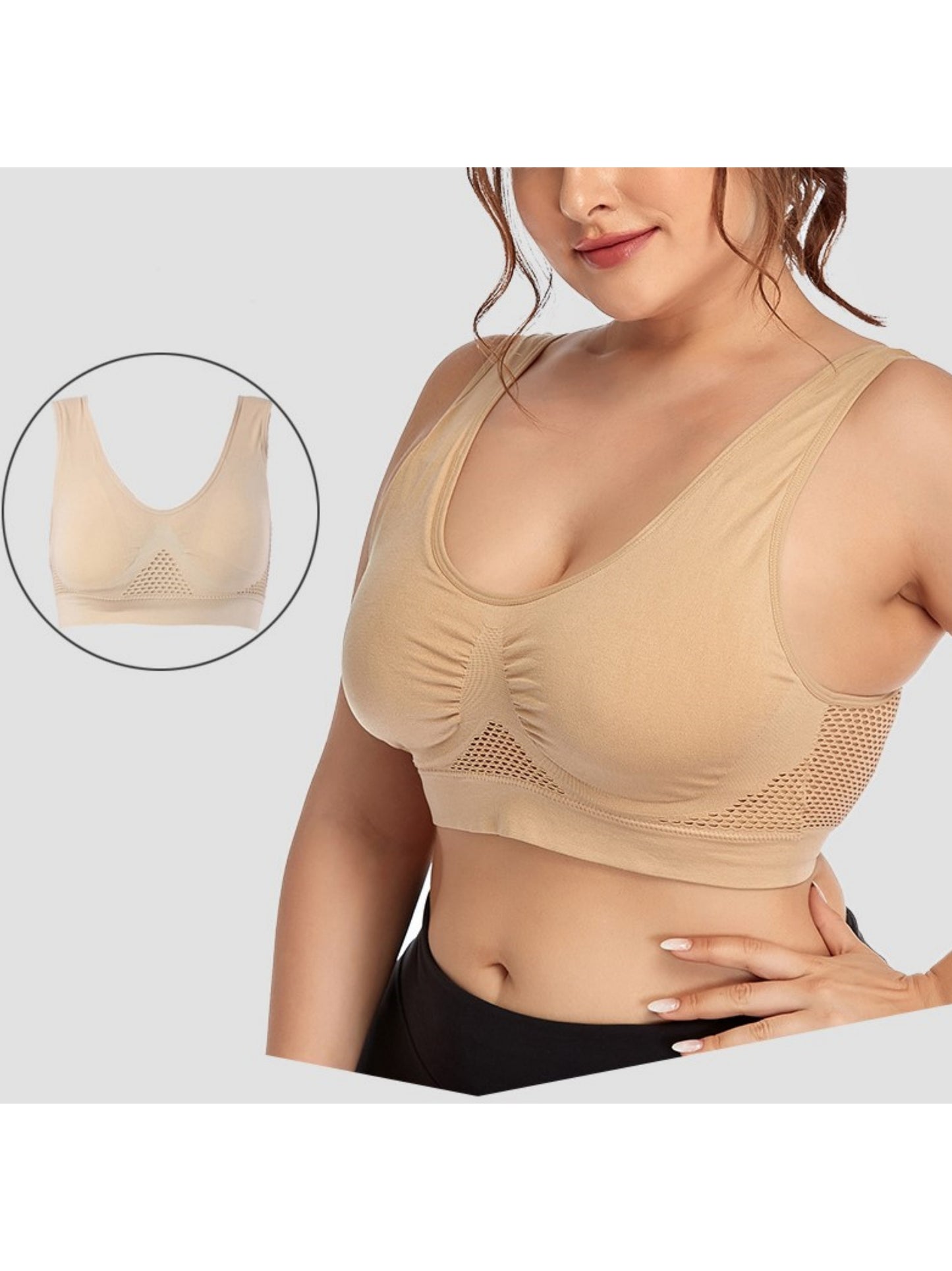 Wireless Hollow Mesh Sports Yoga Bra Tan