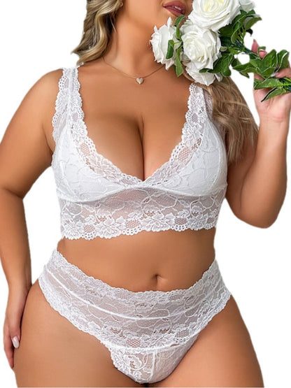 Women's Floral Lace Sexy Scalloped Trim Wide Straps Bra & Panty 2 Piece Set Plus Size