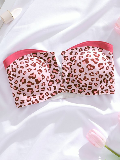 Sexy Leopard Print Front Clasp Strapless Wireless Bra