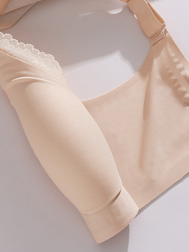 V-neck Lace Stitching Seamless Push-up Wireless Bra Beige