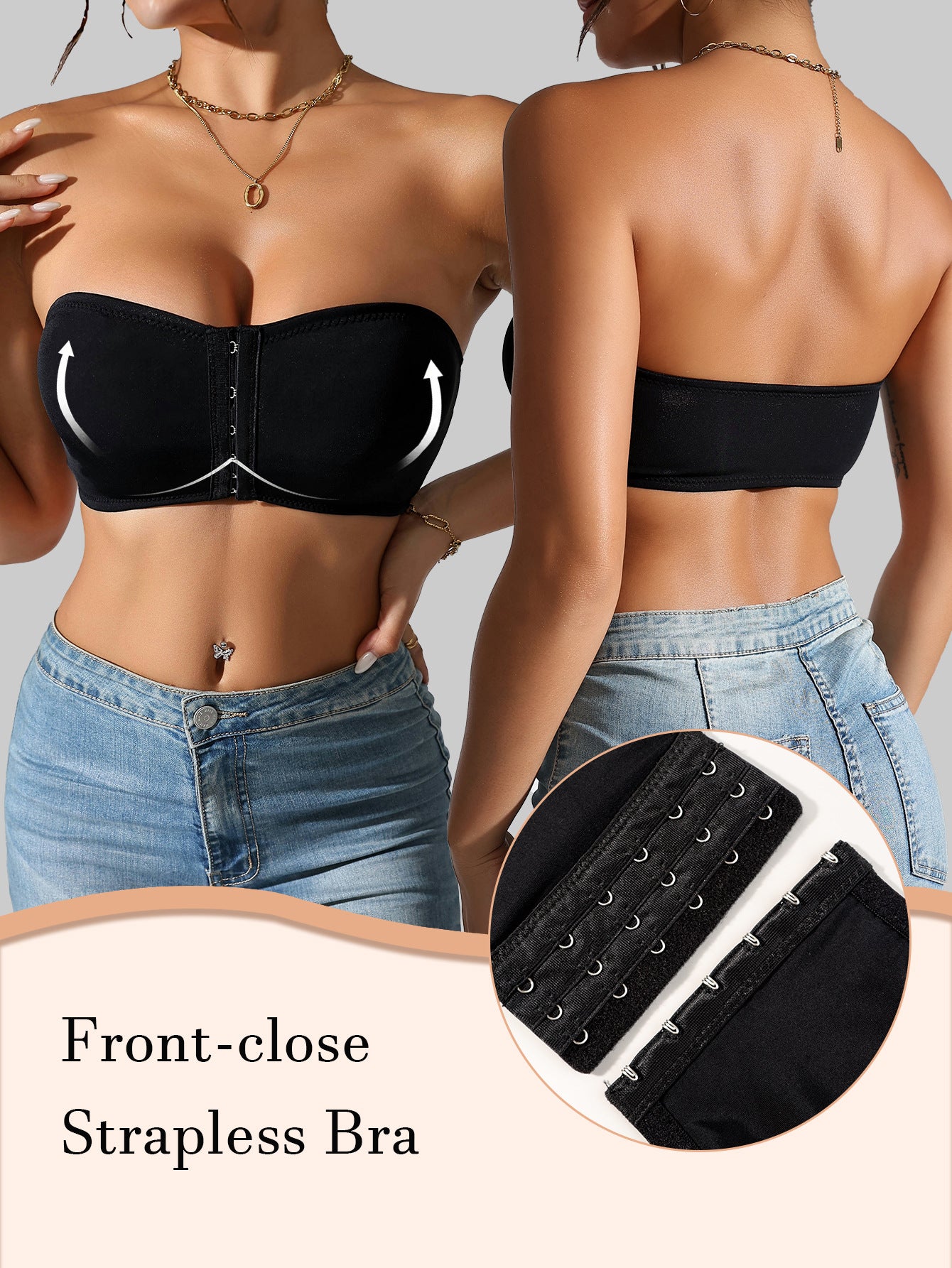 Women's Front Closure Tube Bralette Strapless No Padded Wireless Bandeau Bra Black