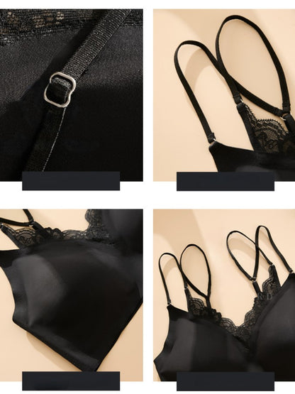 Sexy Lace Stitching Double Shoulder Strap V-neck Seamless Wireless Bra