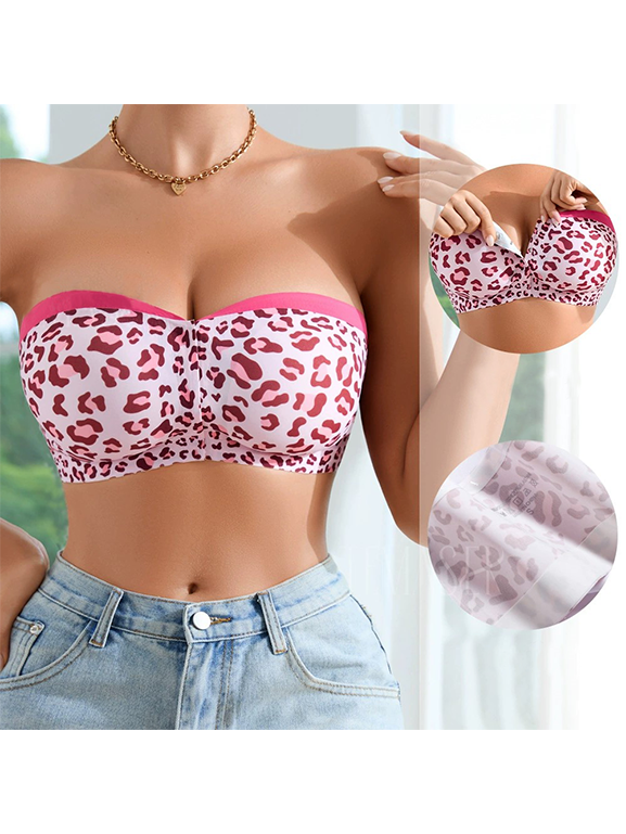 Sexy Leopard Print Front Clasp Strapless Wireless Bra