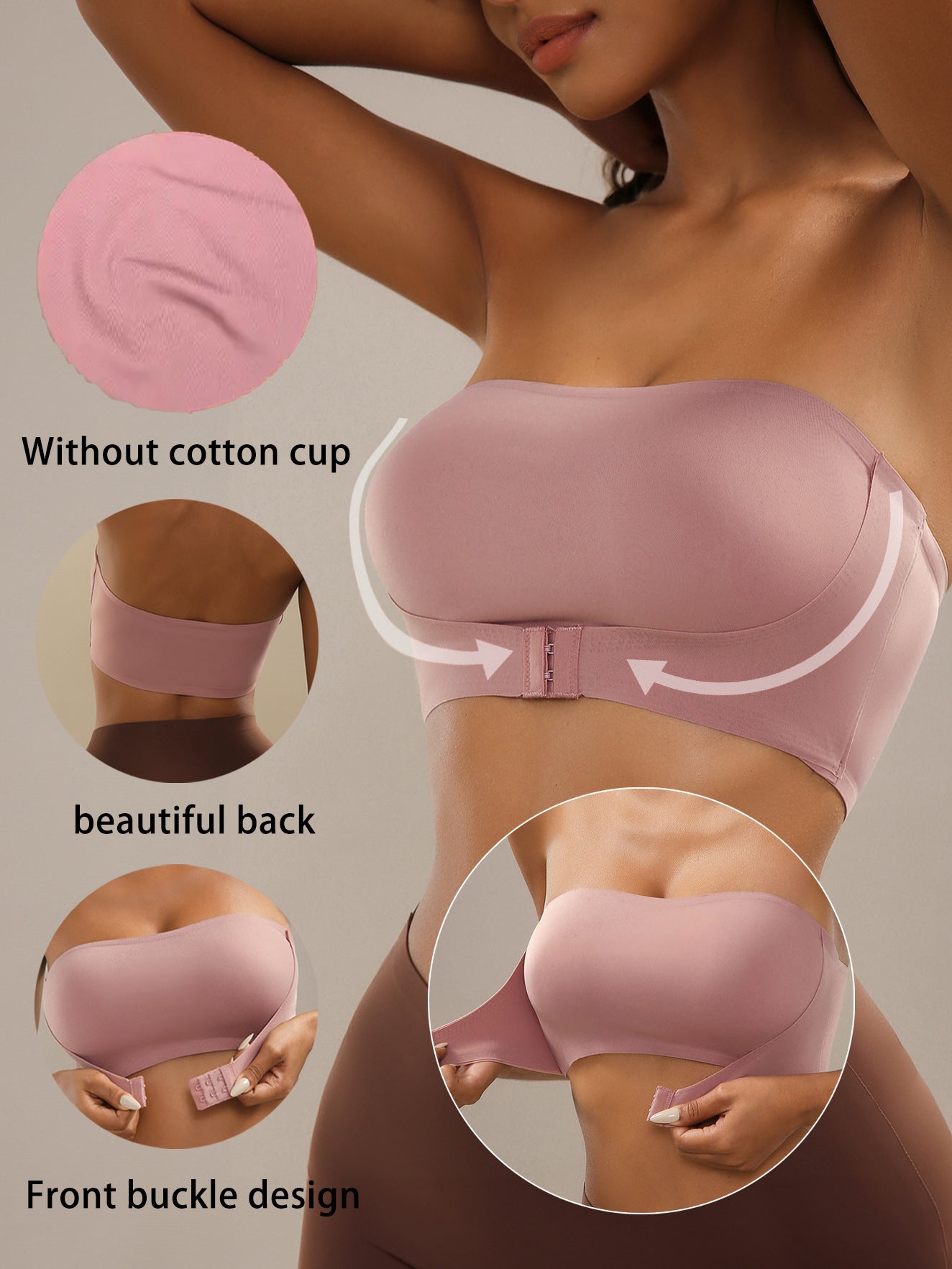 Strapless Front Button Push-Up Seamless Bra Pink