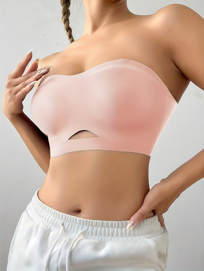 Solid Color Seamless Cutout Sexy Strapless Push-Up Bra Pink