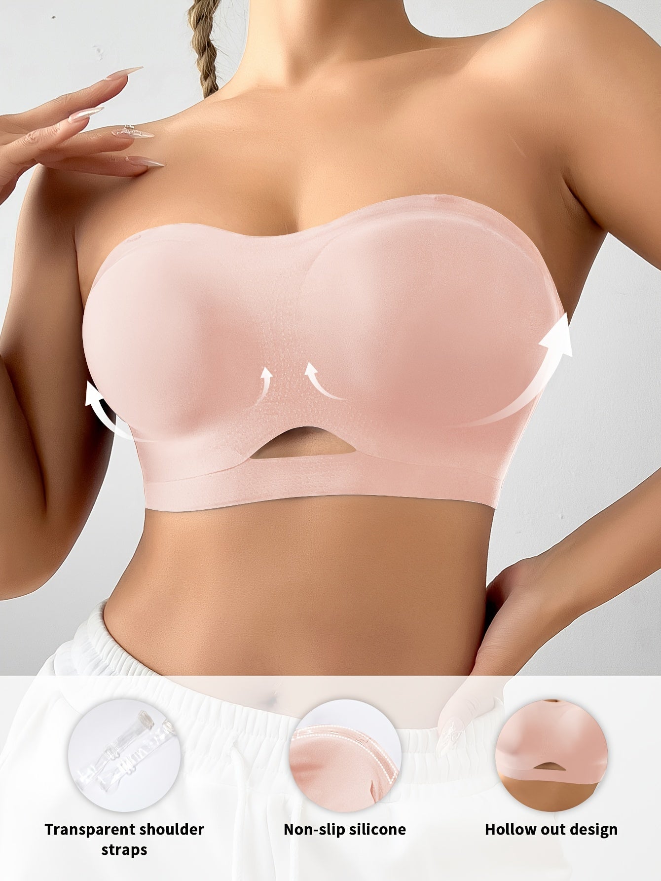 Solid Color Seamless Cutout Sexy Strapless Push-Up Bra Pink