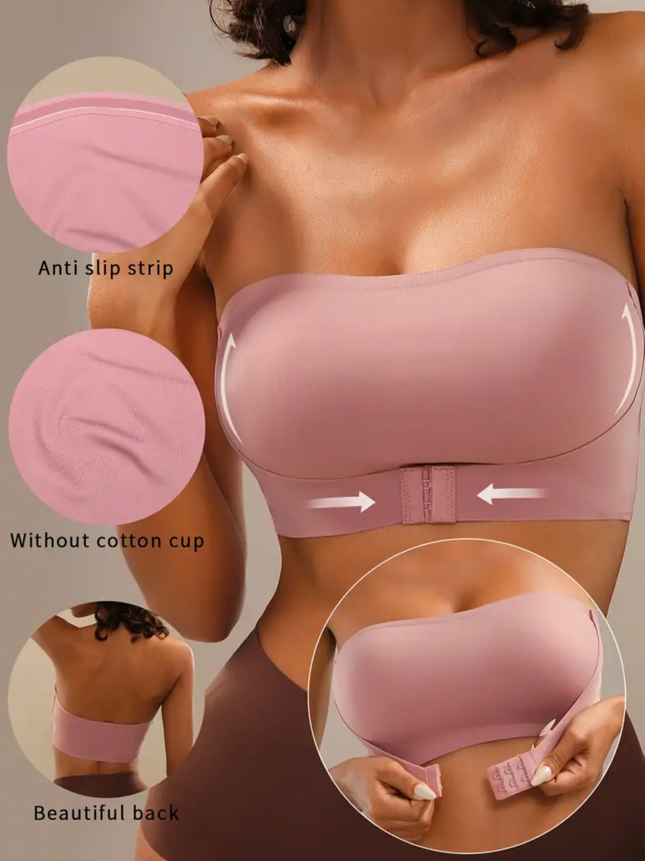 Strapless Front Button Push-Up Seamless Bra Pink