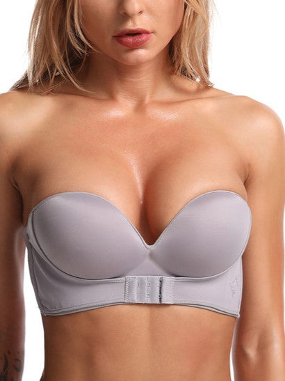 Strapless Invisible Push-up Front Buckle Non-Slip Wireless Lift Bra Silver