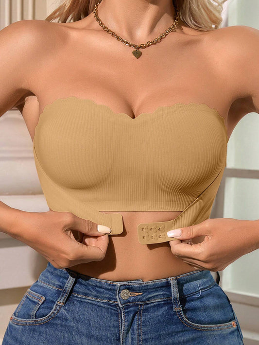 Unique Stripe Seamless Wave Edge Breathable Bra Anti-Slip Strapless Front Closure Tan