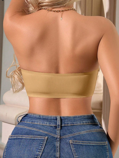 Unique Stripe Seamless Wave Edge Breathable Bra Anti-Slip Strapless Front Closure Tan