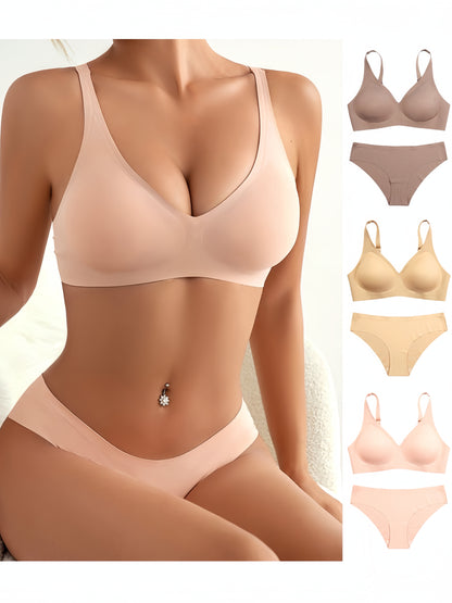 Seamless Deep V Sexy Ice Silk Wireless Bra Set