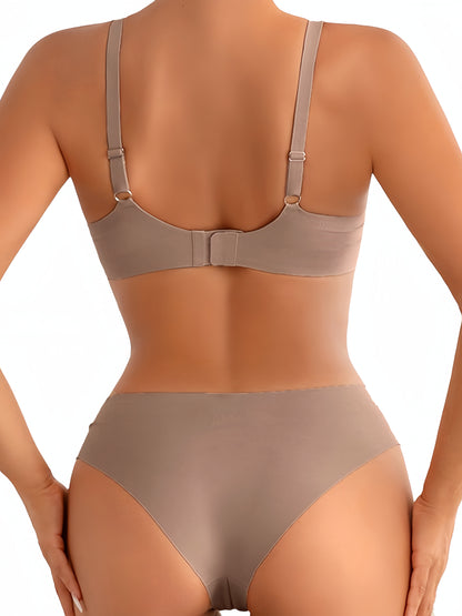 Seamless Deep V Sexy Ice Silk Wireless Bra Set RosyBrown