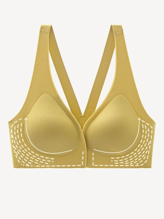 Soft Seamless Front Closure Deep V Push Up Plunge Bra Yellow