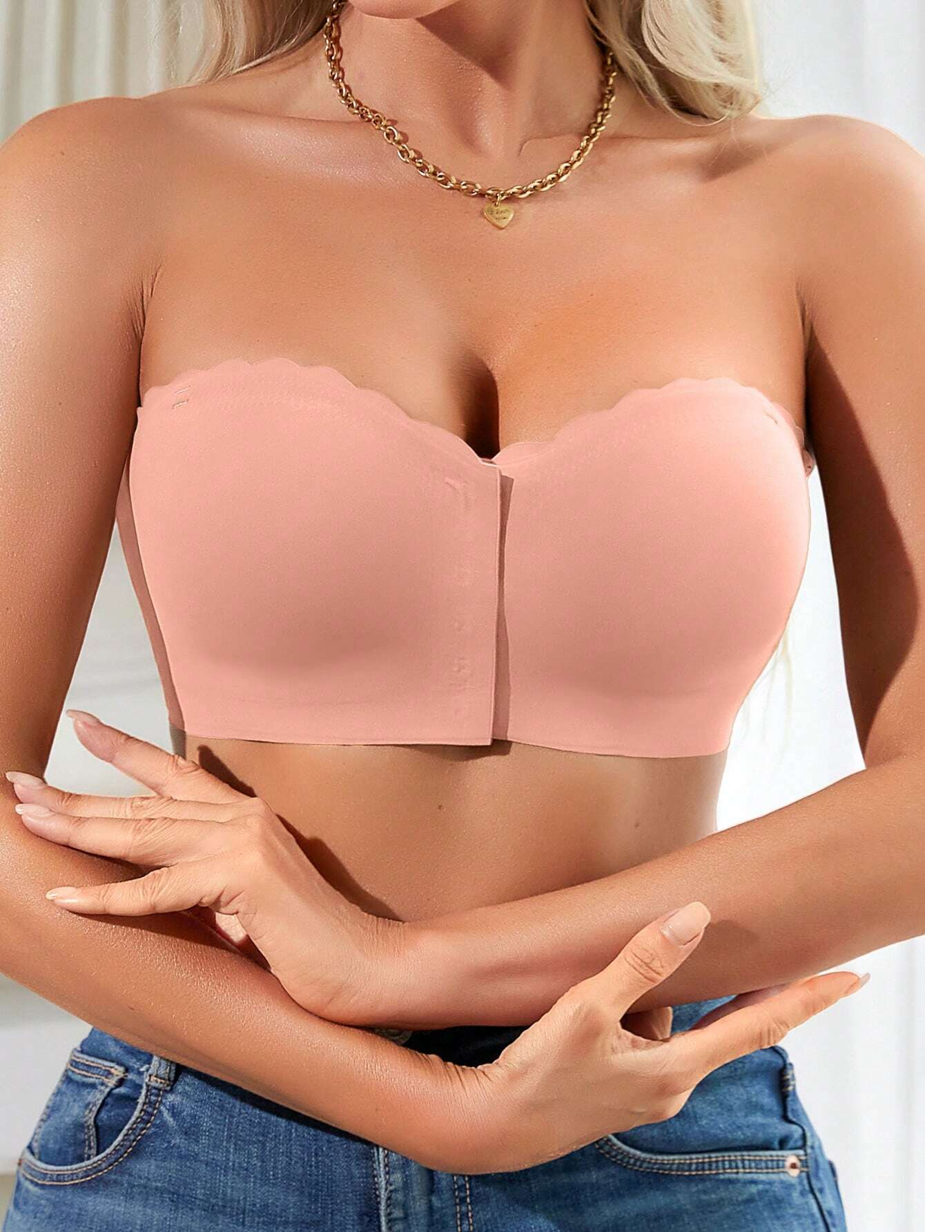 Front Closure Wireless Strapless Bra Pink