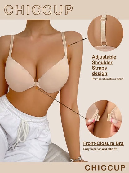 Front Closure Solid Color Adjustable Strap Underwire Bra Ivory