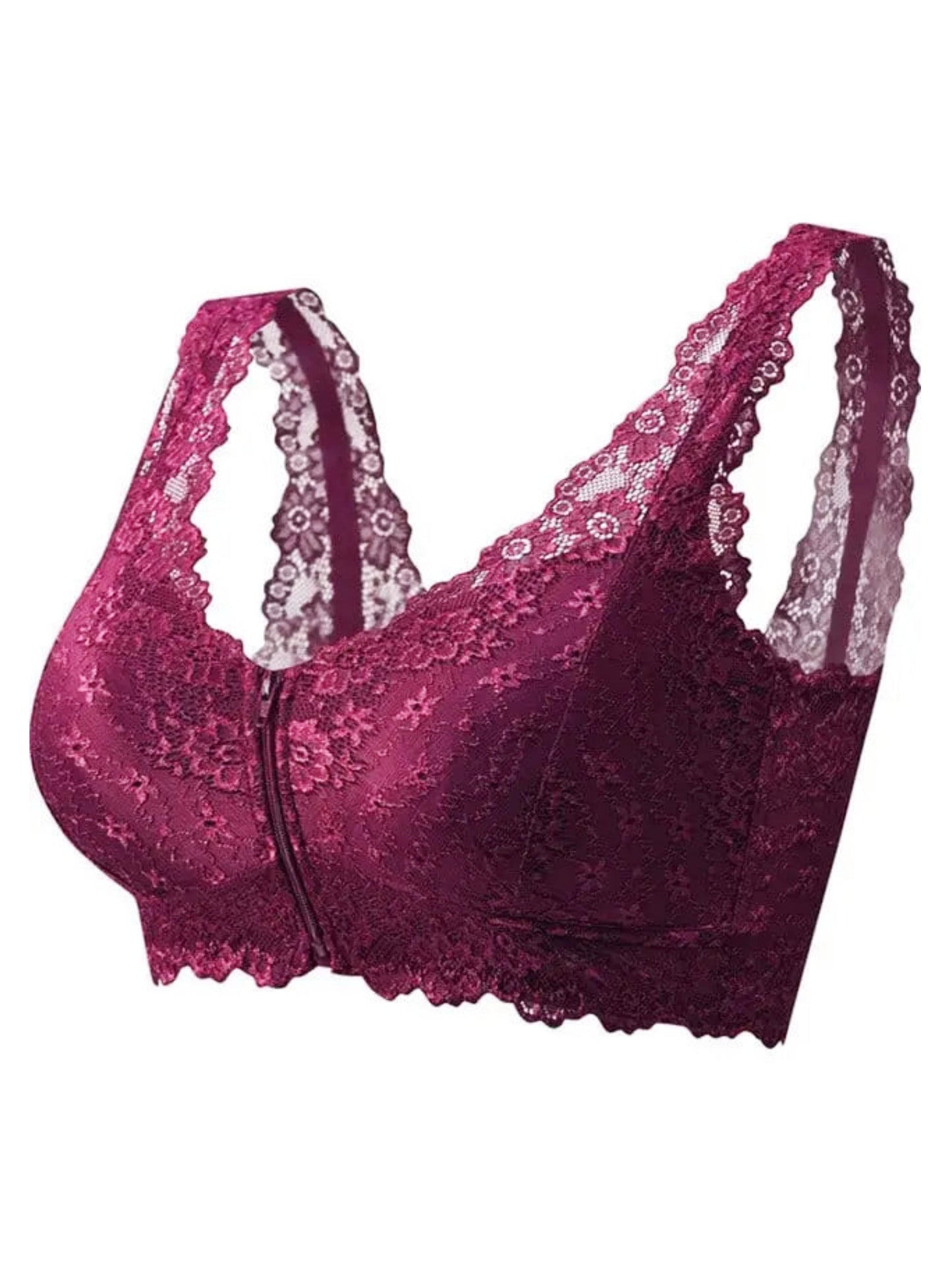 Women's Lace Front Closure Padded Everyday Short Bra，Plus Size VioletRed