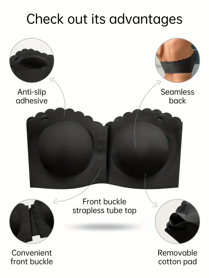 Front Closure Wireless Strapless Bra Black