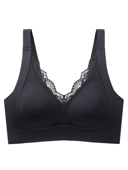 Lace V-neck Push-up Breathable Seamless Wireless Bra Black