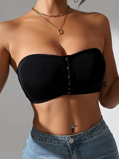 Women's Front Closure Tube Bralette Strapless No Padded Wireless Bandeau Bra Black