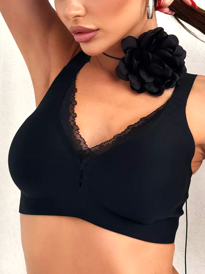 V-neck Lace Stitching Seamless Push-up Wireless Bra Black