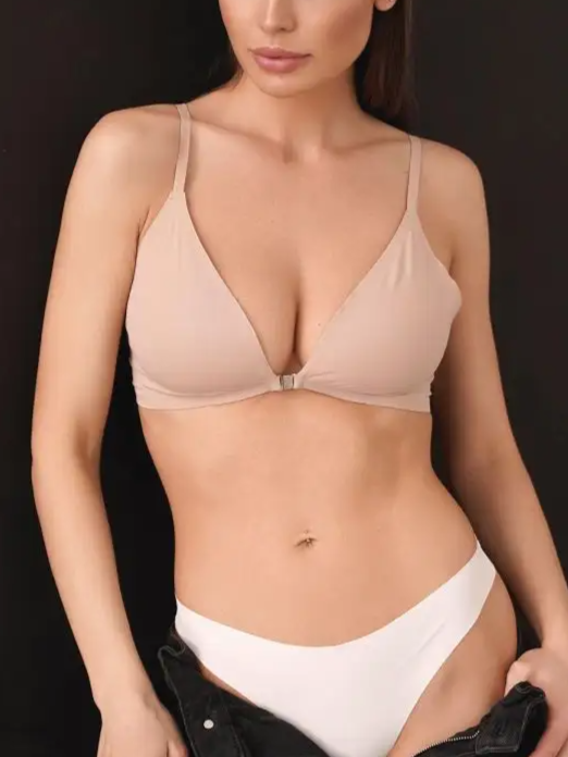 Comfortable Adjustable Straps Deep V Front Button Solid Color Wireless Bra Linen