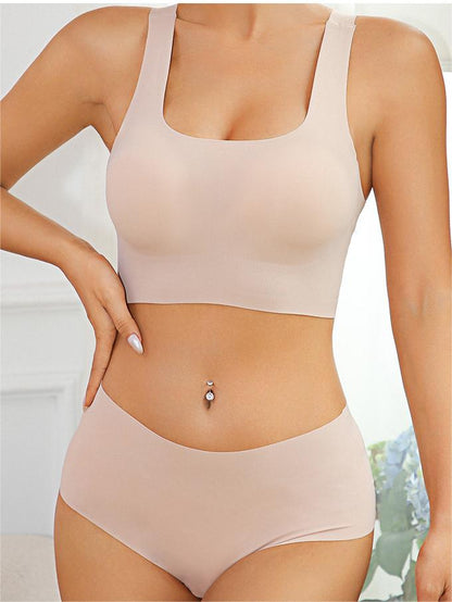 Seamless Racerback Wireless Tank Bra and Panty Set Beige