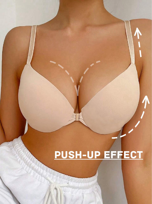 Front Closure Solid Color Adjustable Strap Underwire Bra Ivory