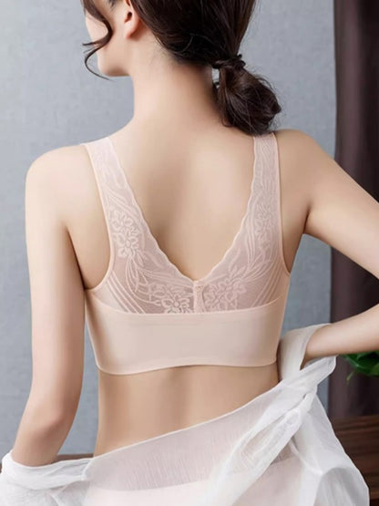 Front Closure Lace Seamless Wireless Bra Padded, Non-Slip, Beautiful Back, Large Sizes Ivory