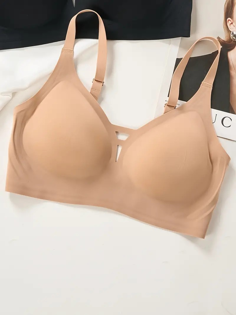 Women's Plus Size Simple Seamless Cut-out Wireless Bra Khaki