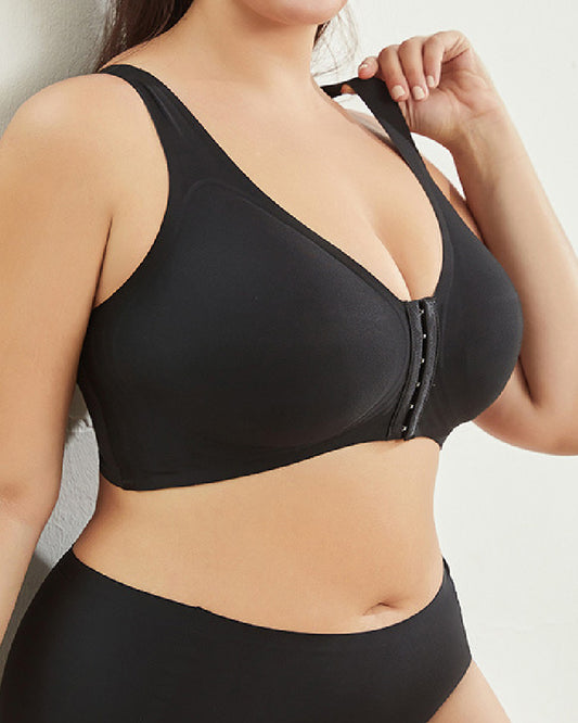 Smooth front clasp large size back support wireless bra Black