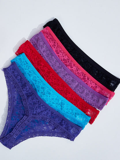 Set of colorful lace seamless mesh thong panties in purple, blue, red, pink, and black, arranged neatly.