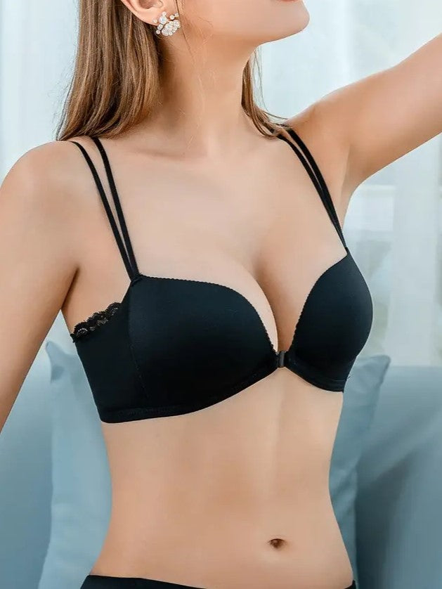 Front Buckle Double Thin Shoulder Straps Cut-Out Seamless Bra Black